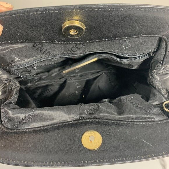 Vintage NINA RICCI Black Leather Ruched Clutch Handbag Gold-Tone Chain Strap - Picture 7 of 7